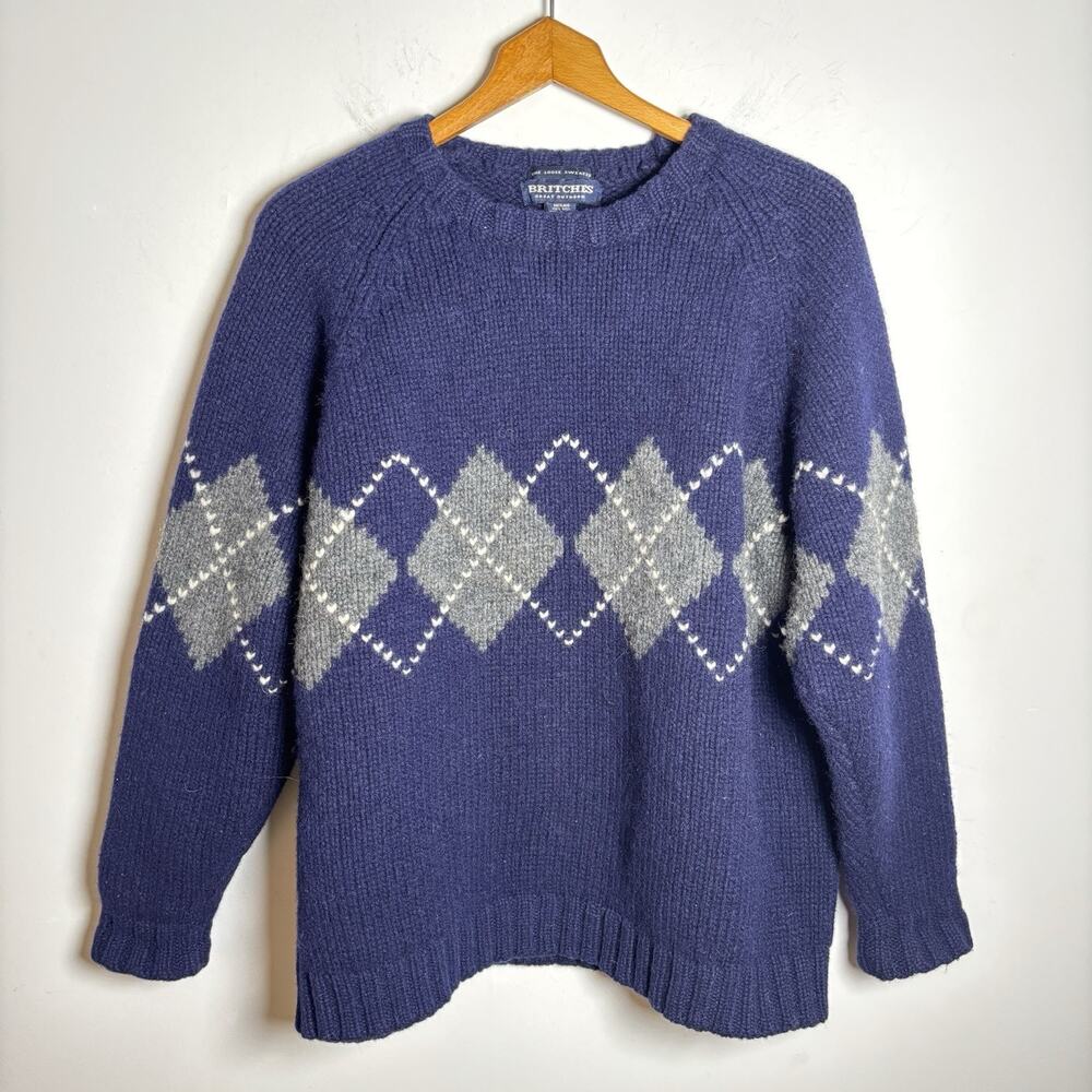 Britches Great Outdoors Men 100% Wool Sweater Size XL X-Large Argyle Navy Blue